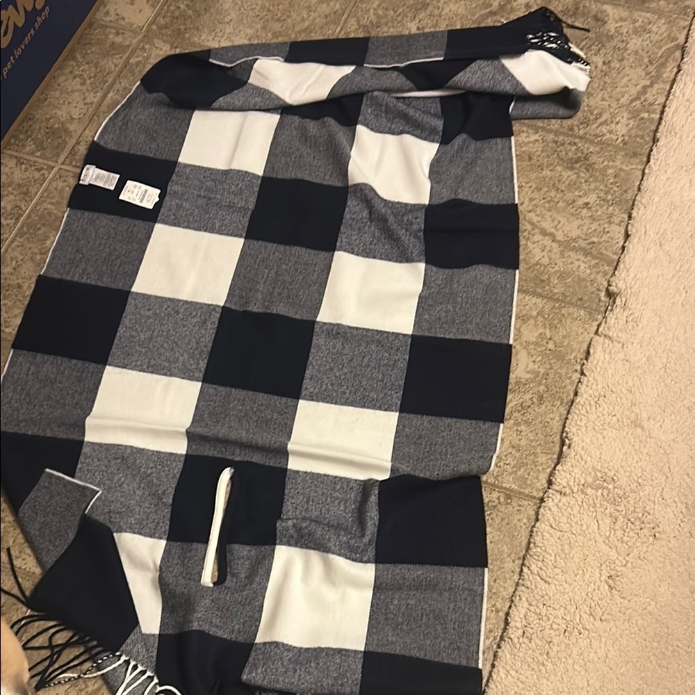 J. Crew Blue and White Checkered Shawl Scarf with Arm Holes